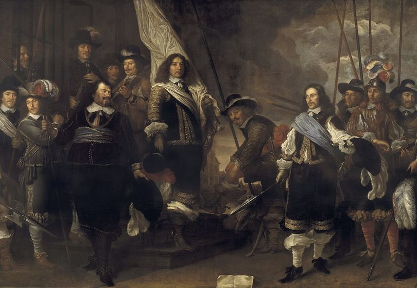La obra de Govert Flinck, Guardias civiles de la compañía del capitán Joan Huydecoper y el lugarteniente Frans van Waveren, que forma parte de los retratos en exhibición en el Museo Hermitage de Amsterdam. (EFE). 