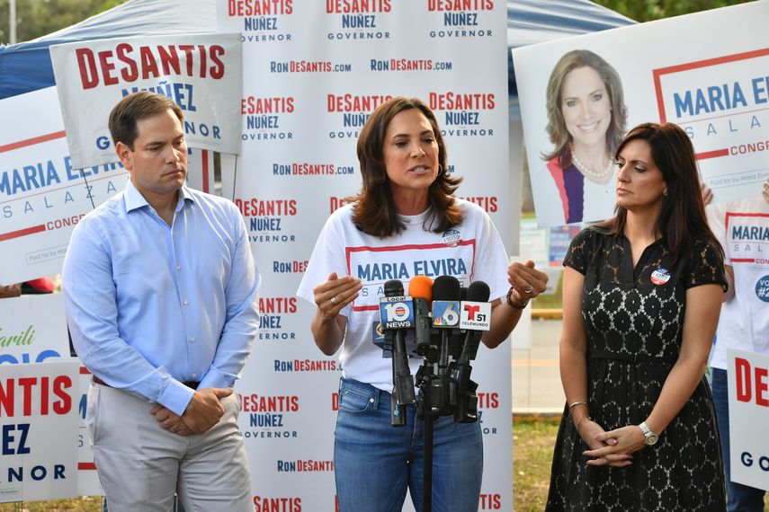 De Izq a derecha: senador republicano Marco Rubio, candidata republicana al distrito 27, María Elvira Salazar y Jeanette Nuñez, candidata a vicegobernadora de Florida. 