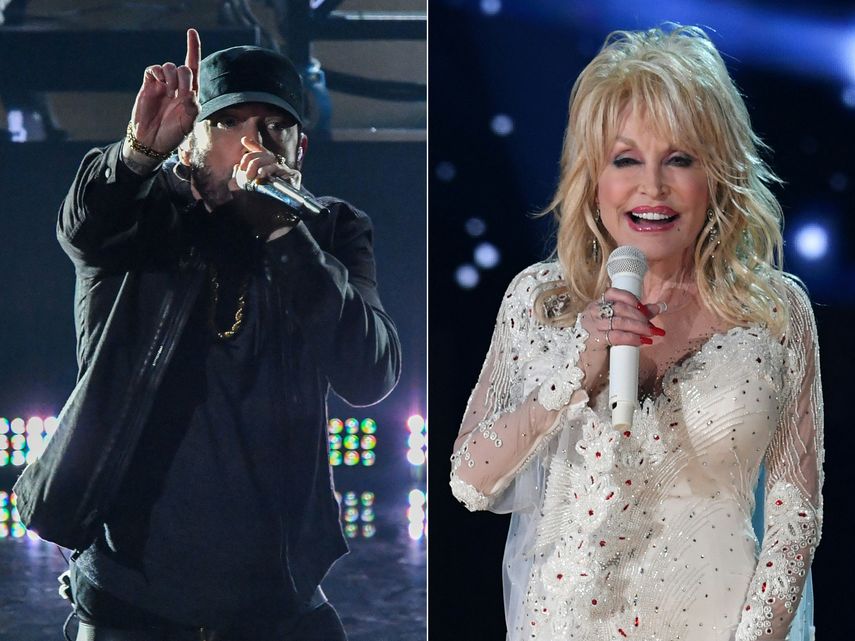 Esta combinación de imágenes muestra al rapero Eminem actuando en el escenario durante la 92 entrega de los Óscar en el Dolby Theatre de Hollywood el 9 de febrero de 2020, y a la cantante Dolly Parton actuando en el escenario durante la 61 entrega anual de los premios Grammy el 10 de febrero de 2019 en Los Ángeles.
