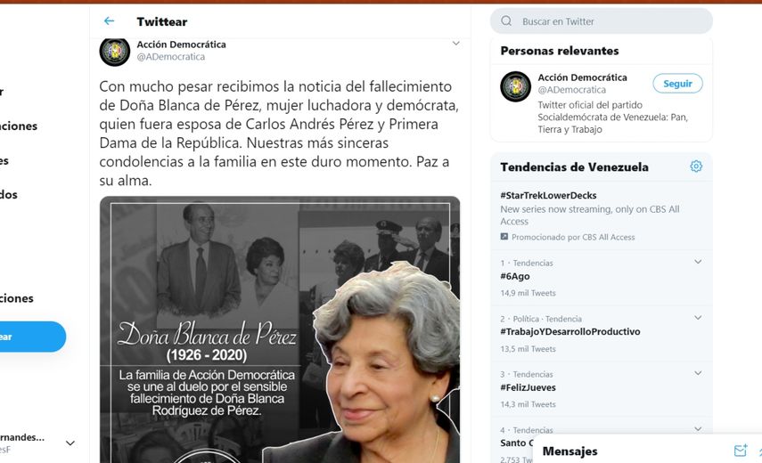 Do&ntilde;a Blanca naci&oacute; el 1 de enero de 1926. Primera Dama de la Rep&uacute;blica de Venezuela desde 1974 hasta 1979