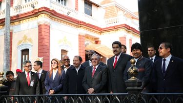Daniel Ortega, Raúl Castro, Nicolás Maduro y Evo Morales el 05MAR18 en el Palacio de Miraflores en Caracas.&nbsp;