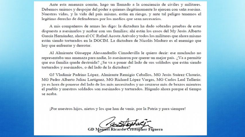 Fragmento de la carta difundida el 30 de junio de 2019 por el exjefe del SEBIN Manuel Cristopher Figuera sobre la muerte del capitán venezolano Rafael Acosta Arévalo, detenido por la Contrainteligencia Militar de Nicolás Maduro.
