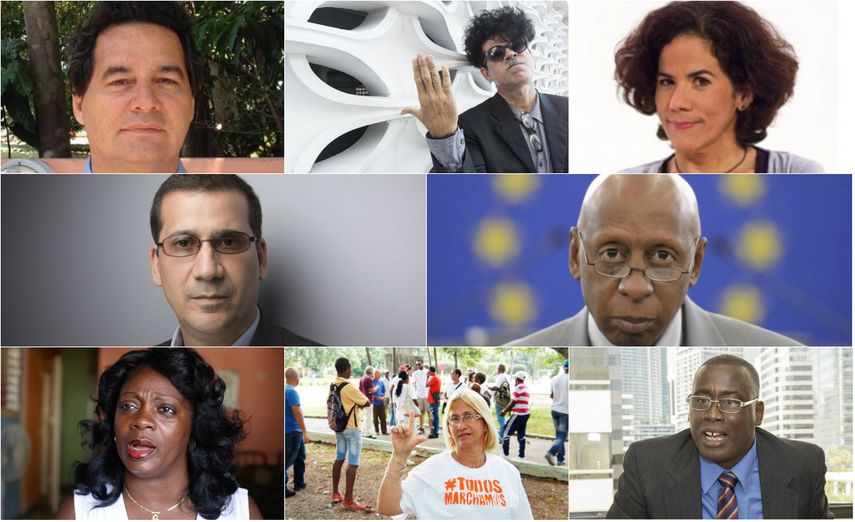 De izquierda a derecha, los opositores cubanos Angel Santiesteban, Gorki Águila, Ailer González, Antonio Rodiles, Guillermo Fariñas, Berta Soler,&nbsp;María Cristina Labrada&nbsp;y Jorge Luis García Pérez Antúnez.