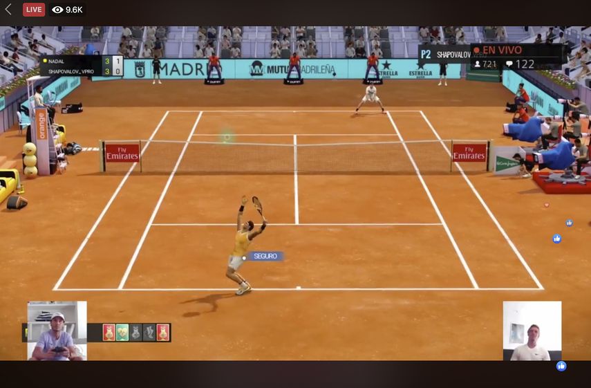 Imagen captada el lunes 27 de abril de 2020 en la que Rafael Nadal (izquierda) juega contra Denis Shapovalov (derecha) en un partido virtual de tenis organizado por el Abierto de Madrid. Los insultos y comentarios de Andy Murray fueron lo destacado de su encuentro ante Diego Schwatzman que estuvo repleto de dificultades t&eacute;cnicas.&nbsp;