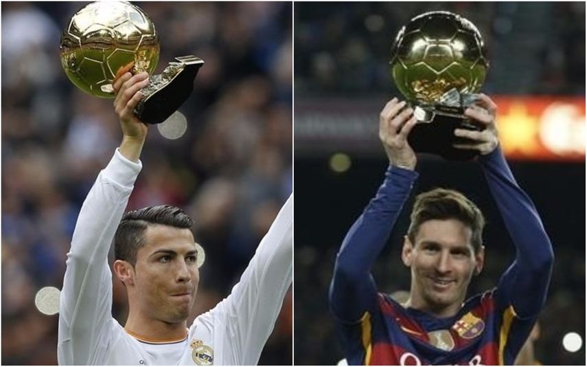 Cristiano Ronaldo y Lionel Messi exhiben uno de los Balones de Oro que han obtenido durante su carrera Cristiano Ronaldo y Lionel Messi exhiben uno de los Balones de Oro que han obtenido durante su carrera