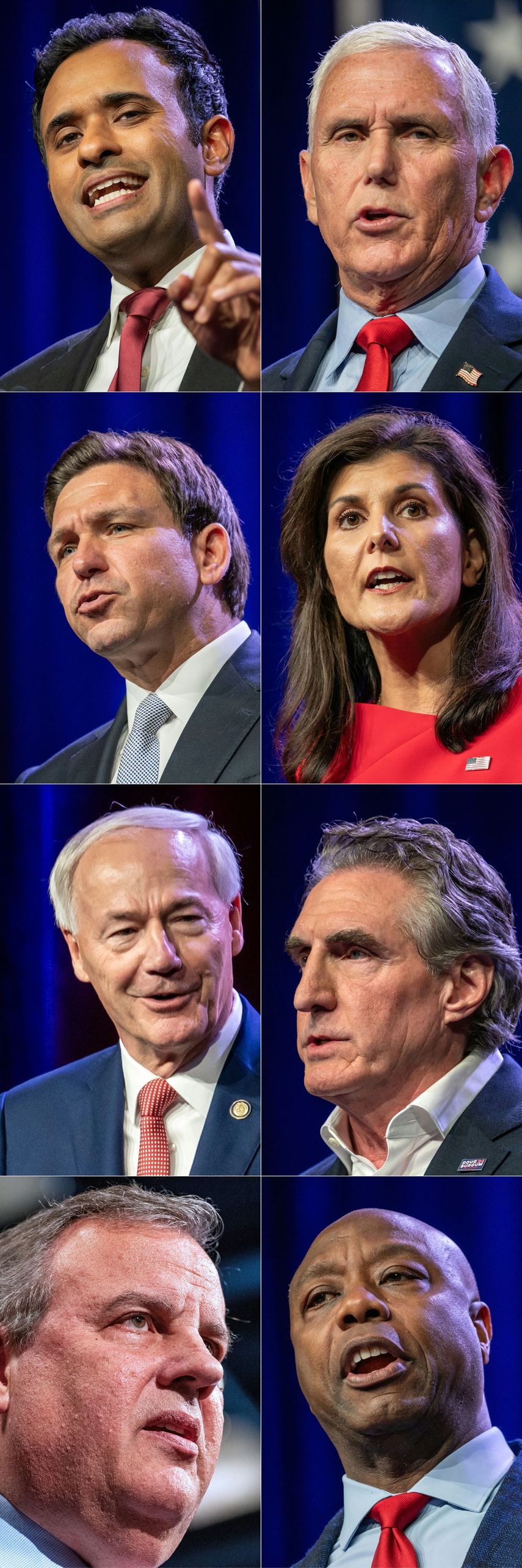 La combinación de imágenes muestra a los candidatos republicanos: Vivek Ramaswamy, el Senador estadounidense Tim Scott, el gobernador de Florida y candidato republicano a la presidencia de 2024, Ron DeSantis, el expresidente y aspirante a la presidencia de 2024, Donald Trump, el ex vicepresidente de EEUU y aspirante a la presidencia de 2024, Mike Pence, el exgobernador de Nueva Jersey Chris Christie, la exembajadora de EEUU ante la ONU y aspirante a la presidencia de 2024, Nikki Haley.    