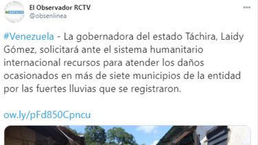 Captura de pantalla de la red social Twiiter/ Reseña de un medio sobre las fuertes lluvias e inundaciones en Venezuela.&nbsp;