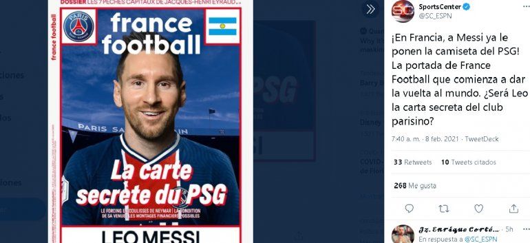 Hoy, la revista France Football hizo un montaje en el que el argentino aparecer en portada con la camiseta del PSG, uno de los equipos que estaría detrás -y que tiene posibilidades financieras- de llegar a un acuerdo con  Messi.
