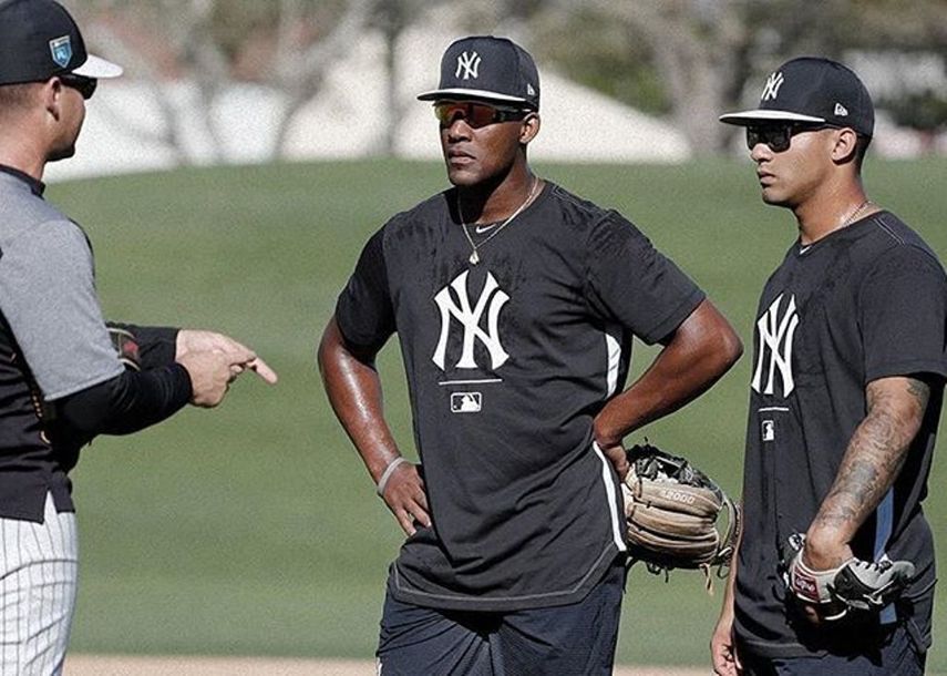 Torres, junto al también prospecto de los Mulos, Miguel Andujar durante una sesión del spring training.