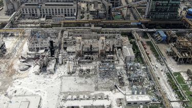 Vista aérea de los efectos de una explosión en una planta de gas en la ciudad de Yima, en la provincia china de Henan, el sábado 20 de julio de 2019.