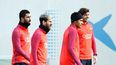 Los jugadores del F.C.&nbsp;Barcelona&nbsp;Arda Turan (izquierda), Lionel Messi (segundo en la izquierda), Neymar da Silva (segundo en la derecha) y Sergi Roberto (derecha), durante el entrenamiento del equipo de este sábado en la ciudad deportiva Joan Gamper