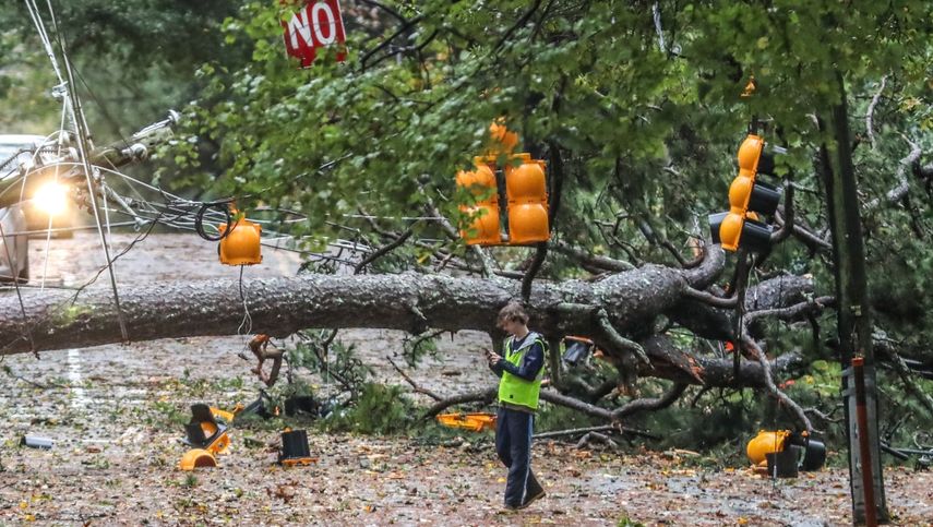 Un árbol de gran tamaño caído sobre West Wesley Road y Habersham Road, que estuvo cortada al tránsito, tras el paso de la tormenta tropical Zeta, el 29 de octubre de 2020, en Atlanta, Georgia.&nbsp;