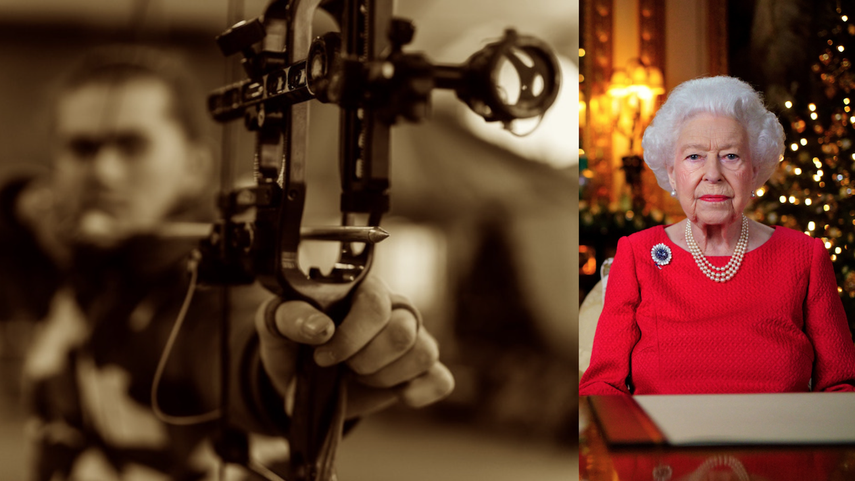 Collage que muestra una imagen referencial de una ballesta, junto a una foto publicada el 23 de diciembre de 2021, que muestra a la reina Isabel II de Gran Bretaña mientras grababa su mensaje anual del día de Navidad.&nbsp;