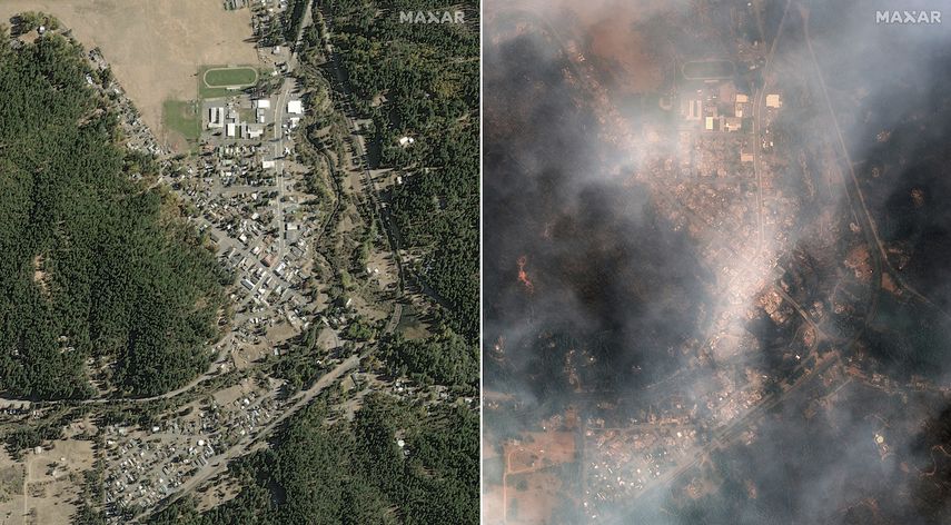 En estas imágenes satelitales proporcionadas por Maxar Technologies se muestra en el lado izquierdo una panorámica de Greenville, California, el 31 de octubre de 2018, y en el lado derecho una vista de la comunidad mientras es arrasada por el incendio Dixie el lunes 9 de agosto de 2021.&nbsp;
