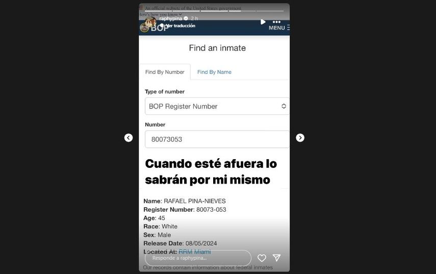 Raphy Pina comparte sus datos de interno de la prisión de mínima seguridad, RR Miami.