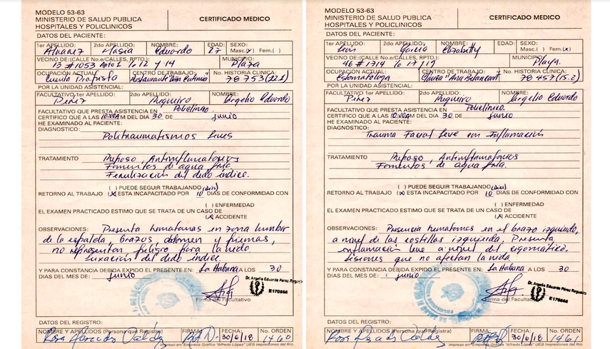 Certificados m&eacute;dicos de Eduardo &Aacute;lvarez y Elizabetty Le&oacute;n tras ser revisados por un m&eacute;dico, en junio de 2018.&nbsp;