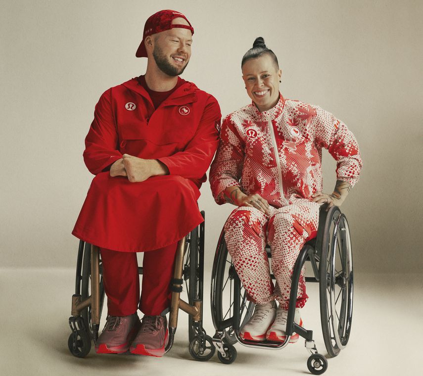 En esta imagen proporcionada por Lululemon, los atletas olímpicos canadienses Zak Madell, izquierda, y Cindy Ouellet.