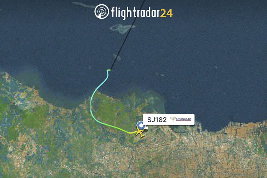 Imagen de radar que muestra la ruta interrumpida de un avión de la aerolínea indonesia Sriwijaya Air, el sábado 9 de enero de 2021.