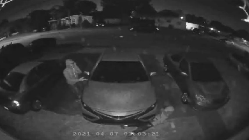 Captura de video de una cámara de seguridad que grabó el robo de un vehículo en el condado de Broward. Un hombre resultó herido.