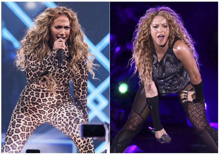 Jennifer L&oacute;pez durante su presentaci&oacute;n en el Directv Super Saturday Night en Minneapolis, en febrero de 2018, y Shakira en el Madison Square Garden, en Nueva York en agosto de 2018.