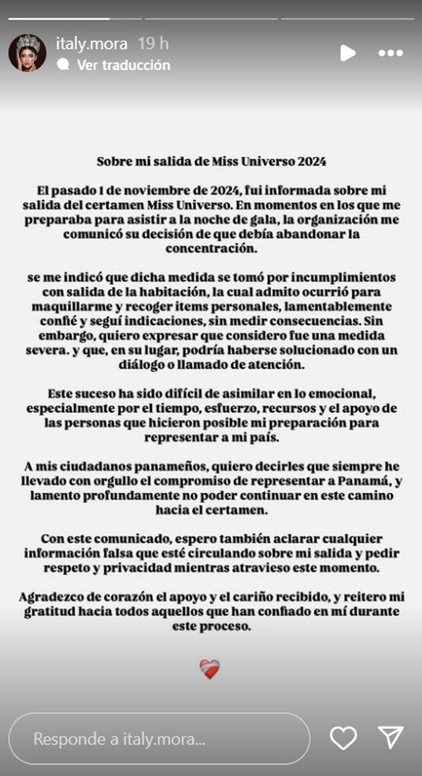Miss Panamá 2024, Italy Mora, se pronuncia tras ser expulsada del Miss Universo.