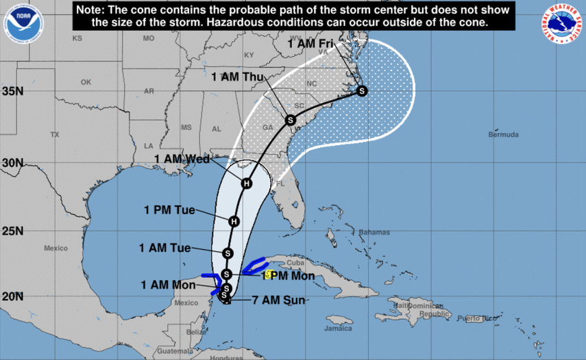 Cono de trayectoria de la depresión tropical número 10, que se dirige a la Florida con posibilidades de convertirse en huracán.
