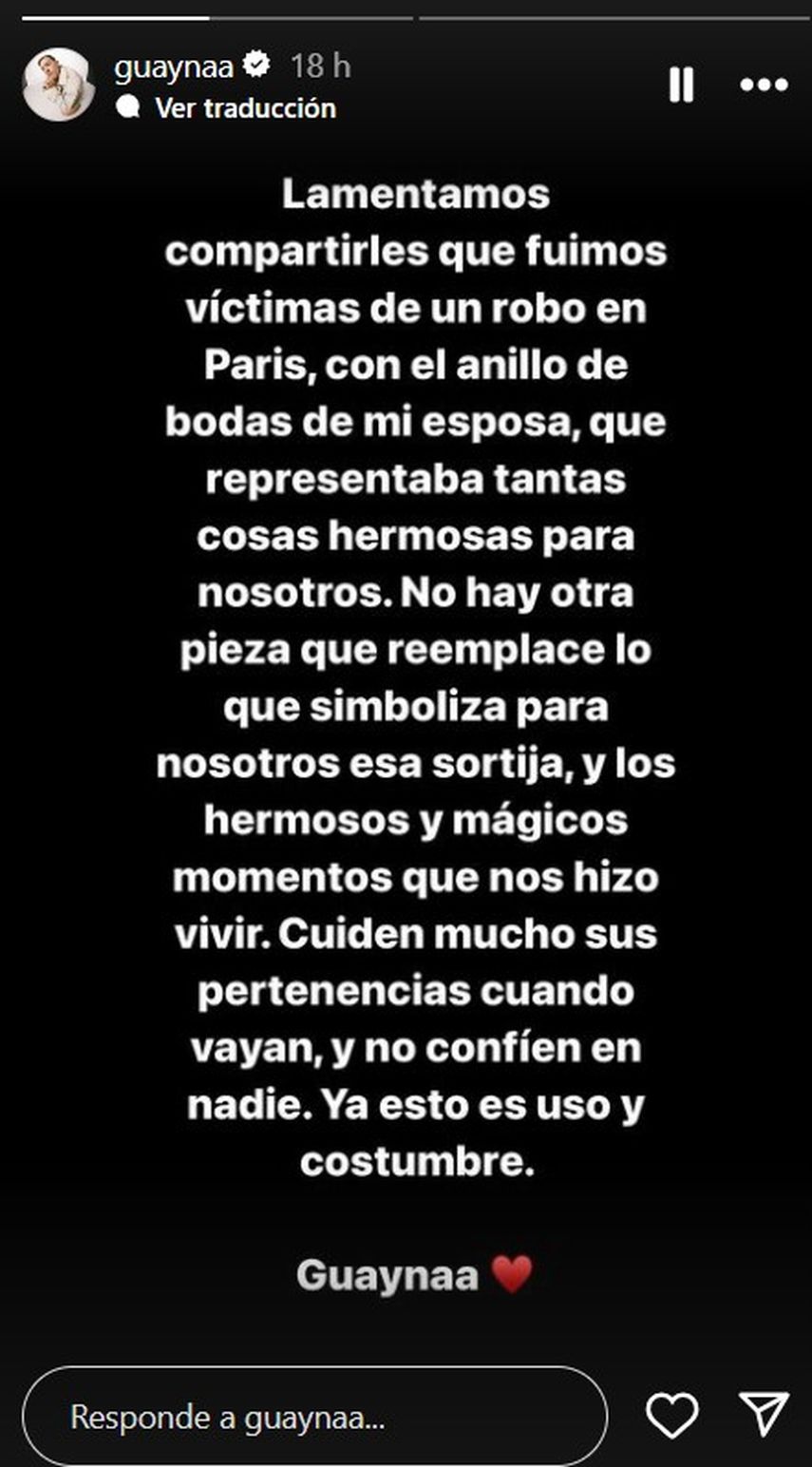 Guaynaa reporta robo del anillo de boda de su esposa, Lele Pons, en París.