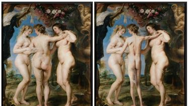 Las tres Gracias, de Rubens, intervenida digitalmente por el fotógrafo Jorge Salgado, se exhibe en la exposición Arte y Salud Mental en el Museo Nacional Thyssen-Bornemisza, en España.
