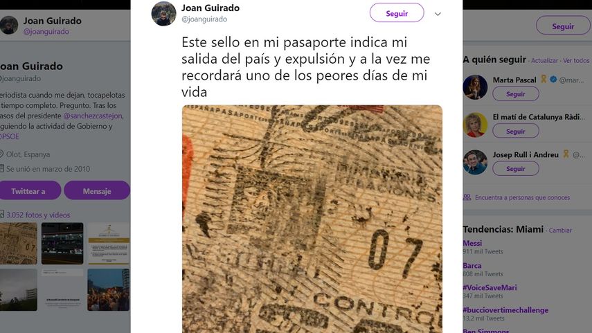 Captura de pantalla de la cuenta de Twitter de @joanguirado, el periodista español expulsado de Venezuela por el régimen de Nicolás Maduro.