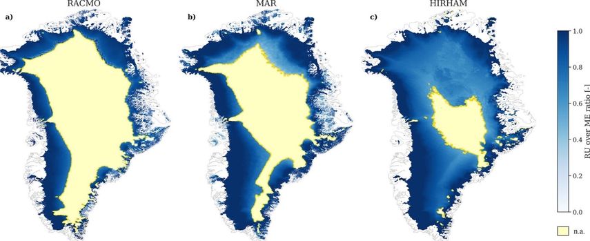 Fracción de agua de deshielo que se escurre del GrIS a finales del siglo (2080-2099), según los modelos (a) RACMO, (b) MAR y (c) HIRHAM.&nbsp;