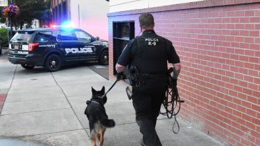 Un agente de la policía acompañado de un perro en la escena de la investigación.