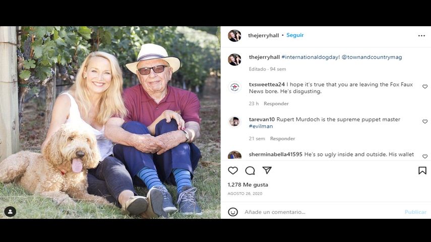 La modelo y actriz Jerry Hall y magnate Rupert Murdoch.