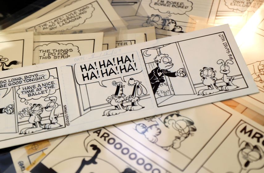 En esta foto del 18 de noviembre del 2019, la casa de subastas Heritage Auctions muestra algunas de las tiras c&oacute;micas de Garfield dibujadas por Jim Davis.