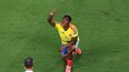 El centrocampista colombiano Jhon Arias celebra el primer gol de su equipo durante el partido de dieciseisavos de final del Mundial de 2026 entre Colombia y Ghana)