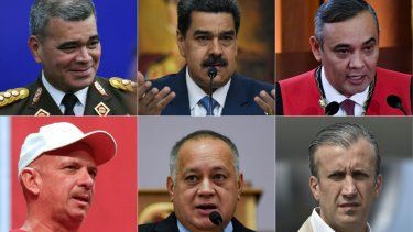 La combinación de imágenes creadas el 26 de marzo de 2020 muestra fotos de archivo (de Izquierda a derecha y de arriba abajo) del ministro de Defensa de Venezuela, Vladimir Padrino; el dictador venezolano, Nicolás Maduro; el presidente de la Corte Suprema de Justicia Maikel Moreno; el general retirado del ejército venezolano Hugo Carvajal; el presidente de la Asamblea Nacional Constituyente de Venezuela, Diosdado Cabello; el ministro de Industria venezolano y el exvicepresidente Tareck El Aissami. El Departamento de Justicia de EEUU anunció el jueves la acusación contra Maduro, por narcoterrorismo y ofreció $ 15 millones de dólares por información que conduzca a su captura por ser el líder de un grupo de tráfico de cocaína llamado El Cartel de los Soles.