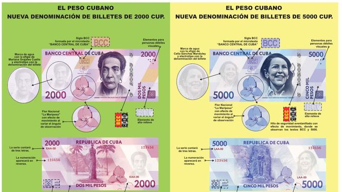 Imagen difundida por el Banco Central de Cuba (BCC) de dos nuevos billetes de 2.000 y 5.000 pesos cubanos (CUP) -la moneda oficial- que entrarán en circulación de forma gradual a partir del 1 de abril.