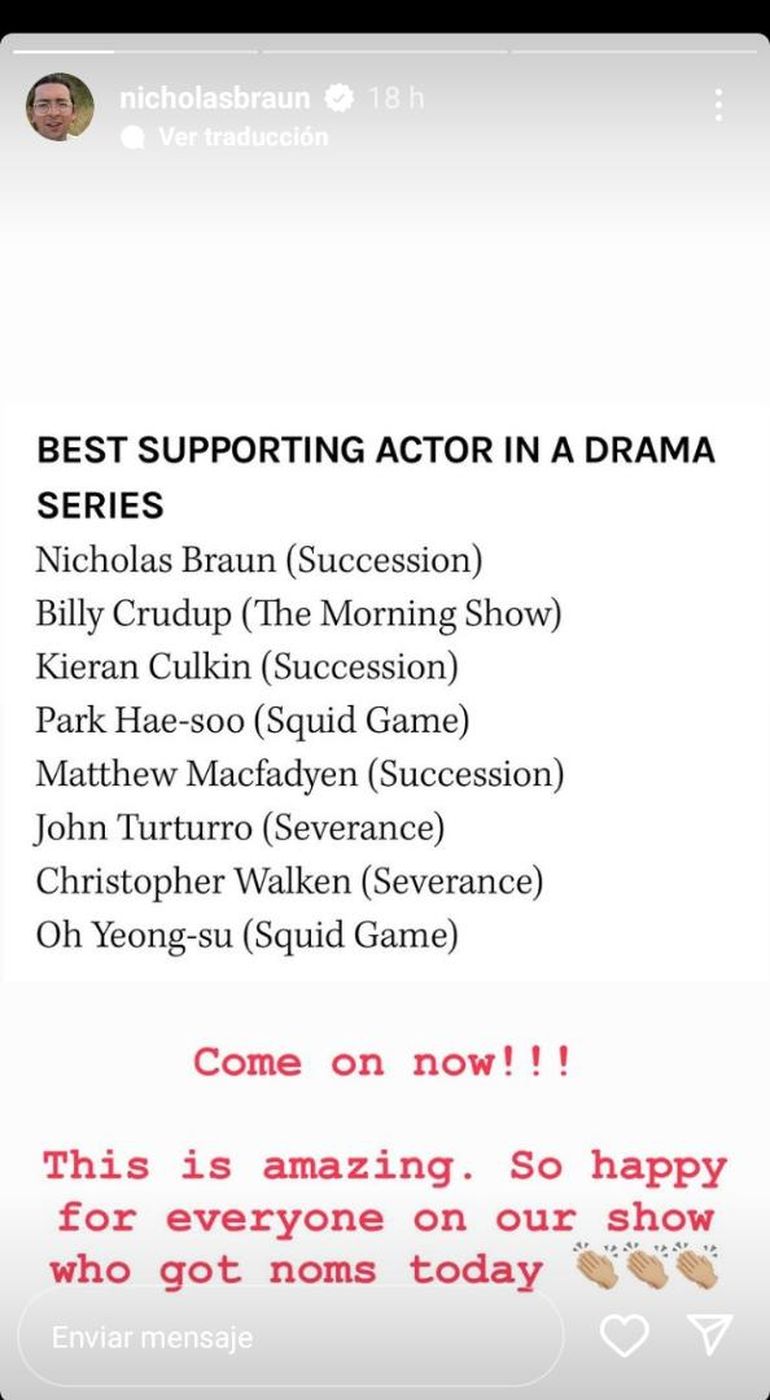 Nicholas Braun, de Succession, reacciona tras ser nominado a mejor actor de reparto en una serie de drama en los premios Emmy.