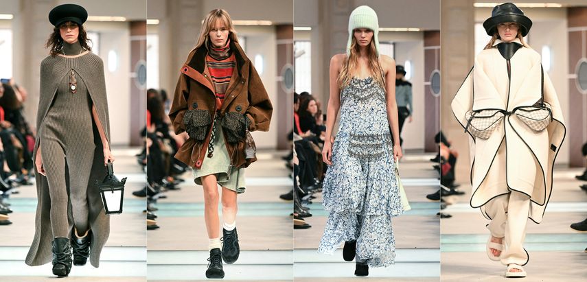 Esta combinación de imágenes creada el 10 de marzo de 2025 muestra a modelos presentando creaciones de Louis Vuitton para la colección de ready-to-wear para mujer otoño-invierno 2025/2026 en el marco de la Semana de la Moda de París, en París, el 10 de marzo de 2025.