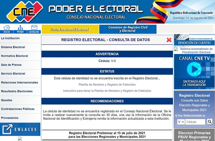 Portal del registro electoral en Venezuela.&nbsp;