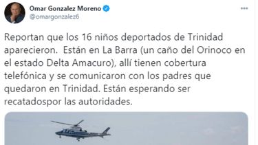 Captura de pantalla de mensaje difundido en Twitter por el diputado Omar Gonzalez, sobre el paradero de los 16 niños deportados a Venezuela desde Trinidad y Tobago.&nbsp;