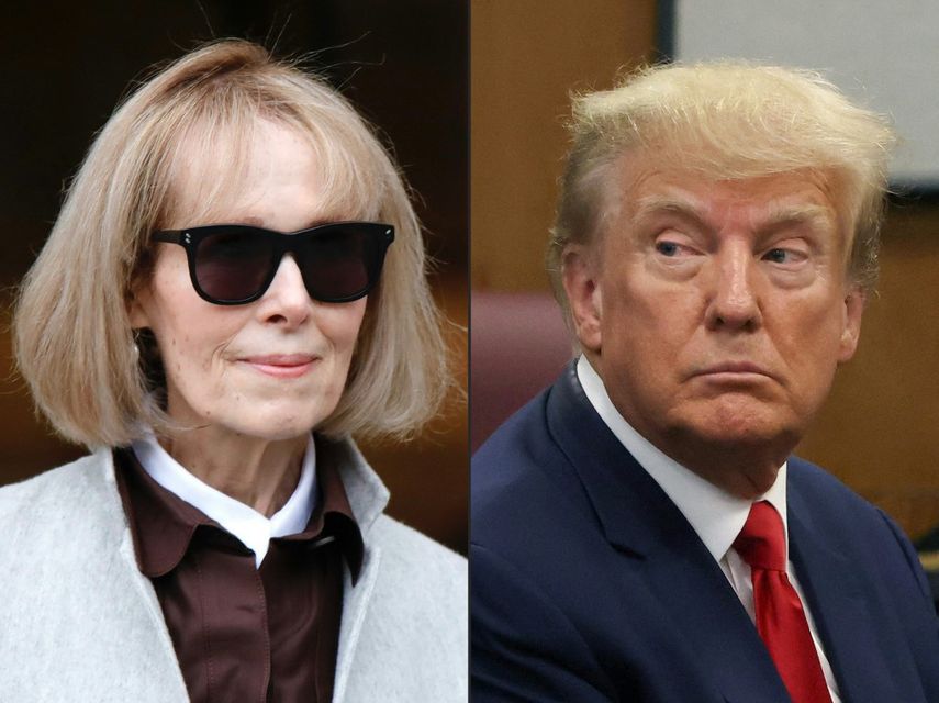 Esta combinación de imágenes creada el 9 de mayo de 2023 muestra a E. Jean Carroll y al expresidente estadounidense Donald Trump, en el Tribunal Federal de Manhattan en Nueva York el 25 de abril de 2023.