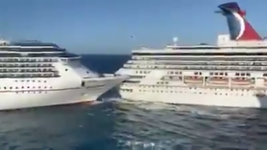 Captura de pantalla del video publicado en redes sociales donde se ve el momento del impacto entre los cruceros.&nbsp;