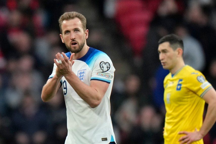 Harry Kane de Inglaterra reacciona tras la victoria ante Ucrania en el duelo del Grupo C de la eliminatoria rumbo al Campeonato Europeo en el Estadio de Wembley el domingo 26 de marzo del 2023.&nbsp;
