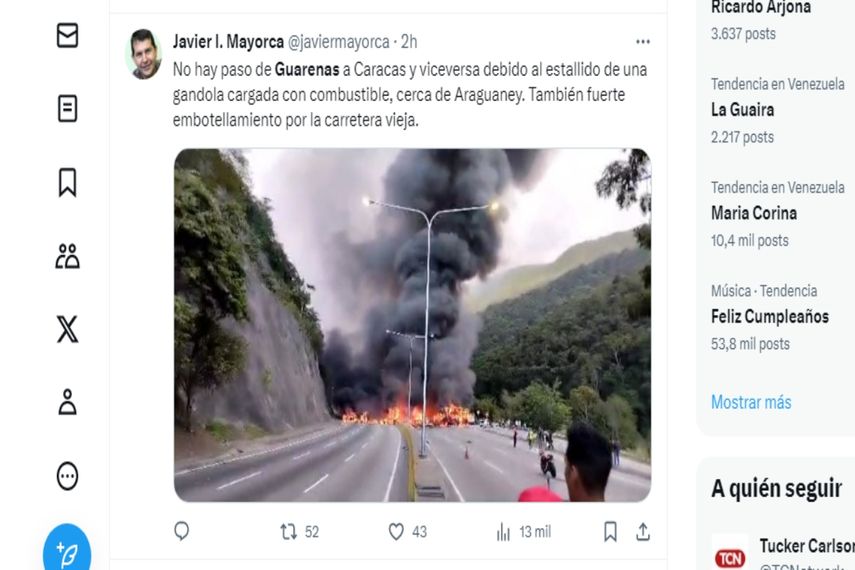 Una gandola con material inflamable colisionó con varios vehículos en la autopista Gran Mariscal de Ayacucho, en Caracas.&nbsp;