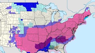 Mapa de zonas en alerta por la tormenta invernal publicado por el Servicio Meteorológico de Estados Unidos.