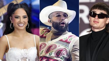 En esta combinación de fotografías, Becky G en Today de NBC en Nueva York el 25 de agosto de 2023; Carín León en los Latin AMAs en Los Ángeles el 20 de abril de 2023; y Peso Pluma en la 24a entrega anual del Latin Grammy en Sevilla, España, el 16 de noviembre de 2023.&nbsp;