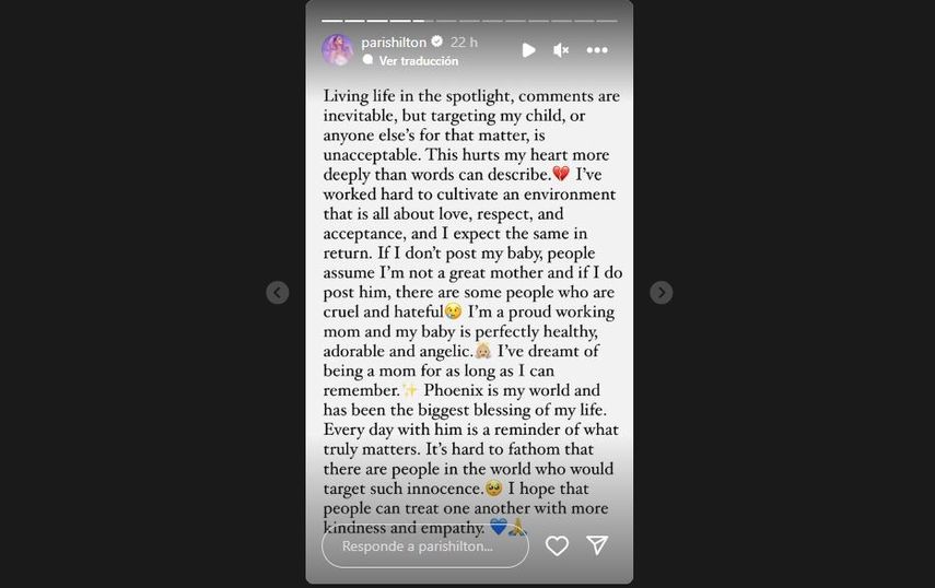 Paris Hilton sobre salud de su hijo.