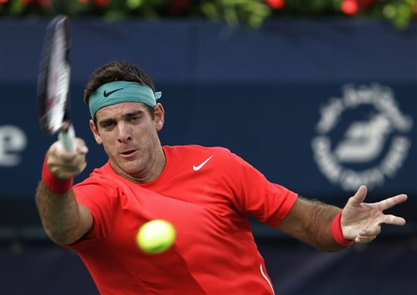 El argentino Juan Martín del Potro devuelve una pelota contra el indio Somdev Devvarman el martes, 25 de febrero de 2014, en el torneo de Dubai. (AP Photo/Kamran Jebreili)