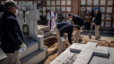 &nbsp; Un sacerdote y varios dolientes rezan mientras una v&iacute;ctima del COVID-19 es enterrada en el cementerio de la Almudena, en Madrid, el s&aacute;bado 28 de marzo de 2020.&nbsp; &nbsp;