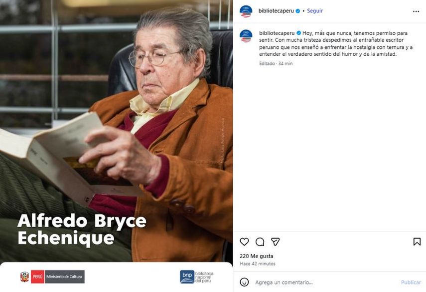 La Biblioteca Nacional de Perú despide al escritor peruano Alfredo Bryce Echenique.